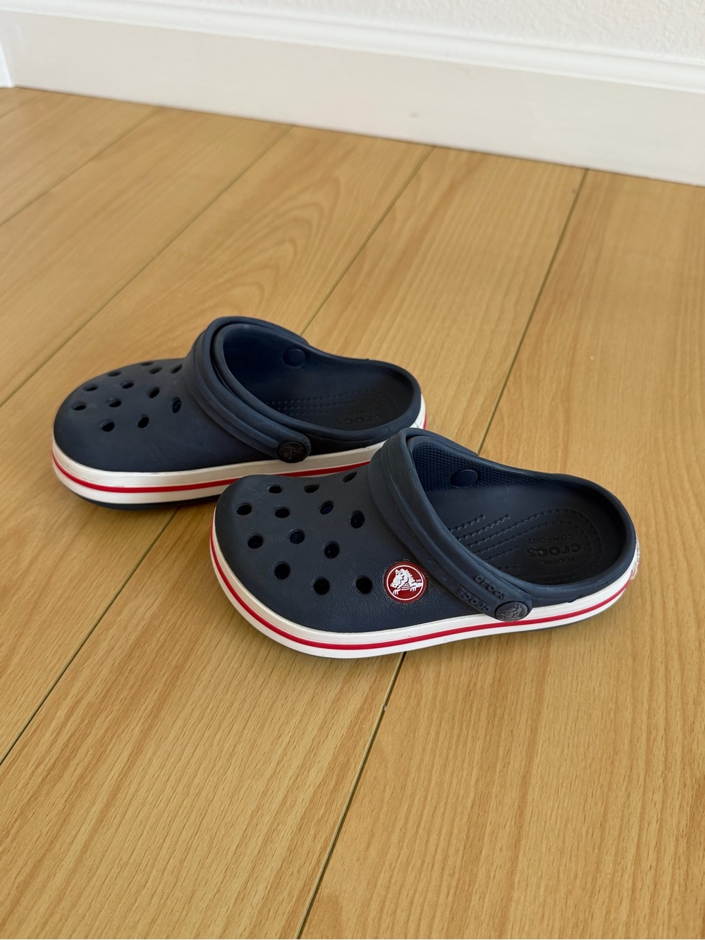 CROCS Toddler Navy Clog with Red and White Stripe Trim